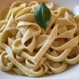 plate of pasta with sauce and small leaf on the side