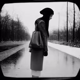 woman standing on street corner with handbag looking into distance