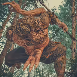 the man is on a branch holding a stick
