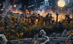 an alien standing in front of some dead bushes