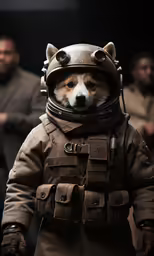 a dog dressed in a jacket and helmet walks