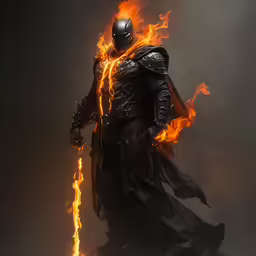 a man dressed in flames holding a staff