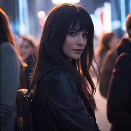 a woman in black leather jacket standing in crowd