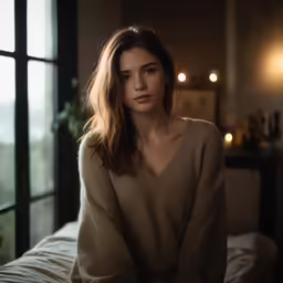 a woman sitting on a bed wearing a tan sweater