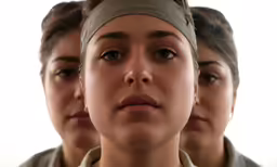 three people are standing with their heads in close formation