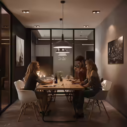 three friends sitting at the table having a conversation