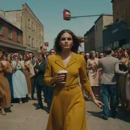 a woman walking down a crowded street holding a cup