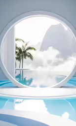 an artistic pool area with a round window looking outside