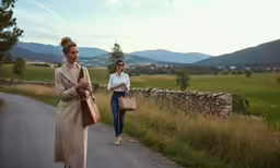 two people walk down a country road with a woman carrying bags