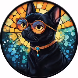 a black cat wearing sunglasses with the sun behind it