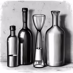 a grouping of bottles and glasses displayed on a table