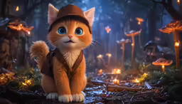 the cute cat is in a forest with fairy lights