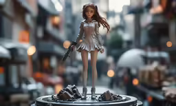 a toy figure of an action - packed girl is posed on a platform