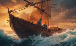 two men on a boat that is in the ocean,two men are sitting on a boat in a body of water with waves