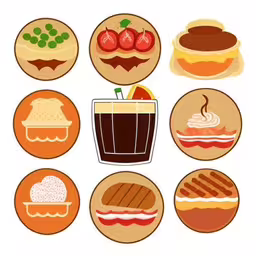 the six kinds of burgers are shown in a circle,many different foods with beverages and meats,a collection of different food dishes with beverages,icons of various foods such as burgers, salad and soda,a graphic of breakfast food including pancakes, sandwich and beverage