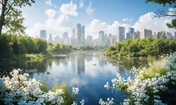 the city is surrounded by tall buildings and blooming trees