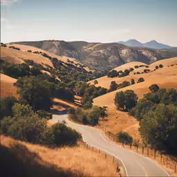 a winding road in an area with rolling hills and trees