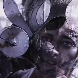 a woman with dirty head gear on her face