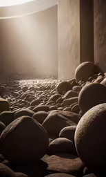 the sun shines through the window behind some rocks
