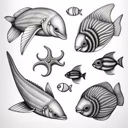 several fish with small bubbles are on a white background