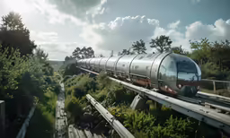 a train drives along a track with green trees