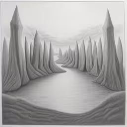 graph art of a surreal lake surrounded by mountains,the landscape is made up of several tall trees,a drawing depicting several trees with long lines,a drawing of an alien landscape,a graph art work titled water valley by artist mark lee