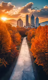the sun rises on a city with autumn trees