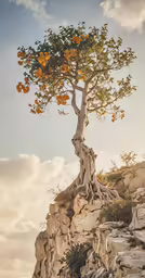 a lone tree grows out of a rocky cliff