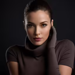 young beautiful woman wearing a dark outfit with a high ponytail, posing for a portrait