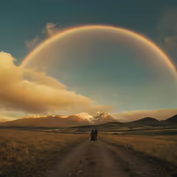 rainbow over a mountain field with two people