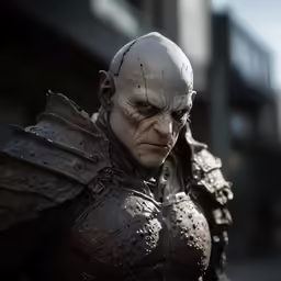 an evil looking character standing in front of a building
