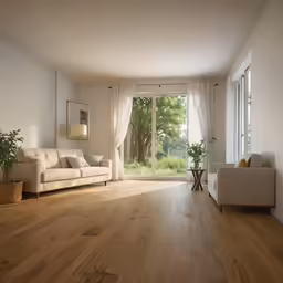 an open living room with wood floors and a large sliding glass door