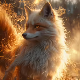 the fox has long white fur and yellow eyes