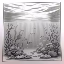 underwater scene with seashells and corals under water,an underwater scene with fish and corals,penciled drawing underwater scene of corals and seaweed,a drawing of an underwater scene with corals and seaweed,the bottom of an image of a sea life scene