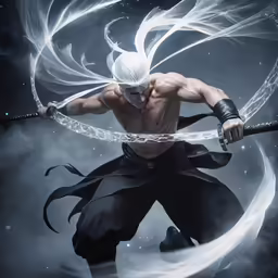 the young man is holding two large swords