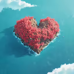 an overhead view of the ocean with a red heart on top of water