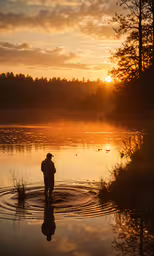 a lone person stands at the edge of a lake,a man fishing on the lake with the sun setting
