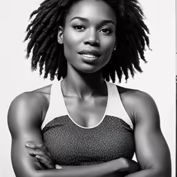 the model is posing for an image with her arms crossed