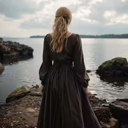 a woman standing on the shore looking at water