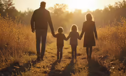 a family walking in a field holding hands