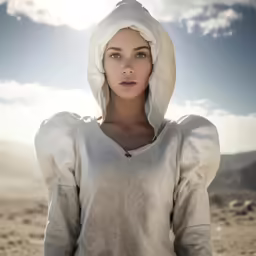 the woman in the white sweatshirt has a hood over her head
