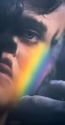 a woman holds up her finger next to a rainbow