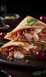 a meat and cheese wrap stacked on a black plate