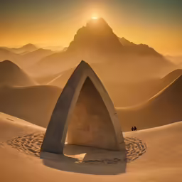 the sun is setting in front of an abstract mountain