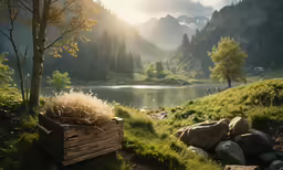 a wood box in the grass with trees in the background