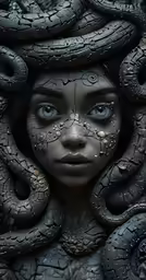 an abstractly painted artwork with snakes in her hair