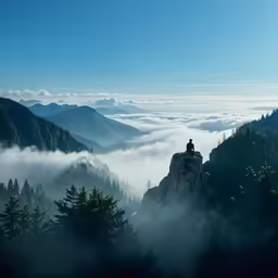 a man sits on a rock overlooking a valley and mountain covered with low lying fog