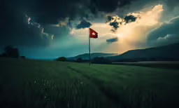 a field with a flag in it and a cloudy sky