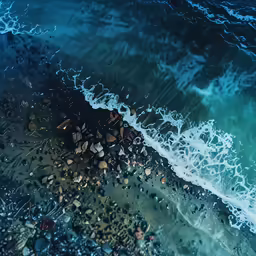some rocks on the ground near water