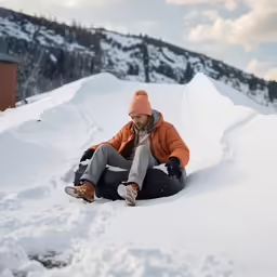 a woman is sitting on the ground in deep snow
